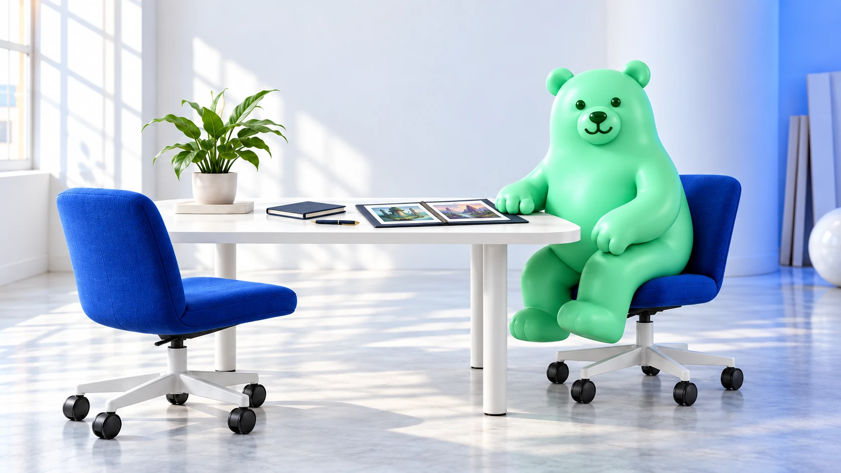 Mint welcomes a candidate at a studio table with an open portfolio, a notebook and an empty blue chair